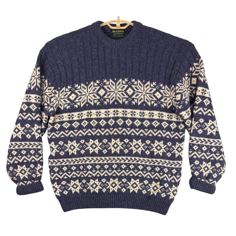 McAdam Knitwear Mens Wool Fair Isle Sweater‎ Navy Blue Made in Scotland Large